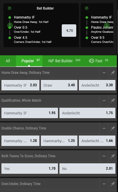 Esempio di opzione di scommesse su una partita di calcio